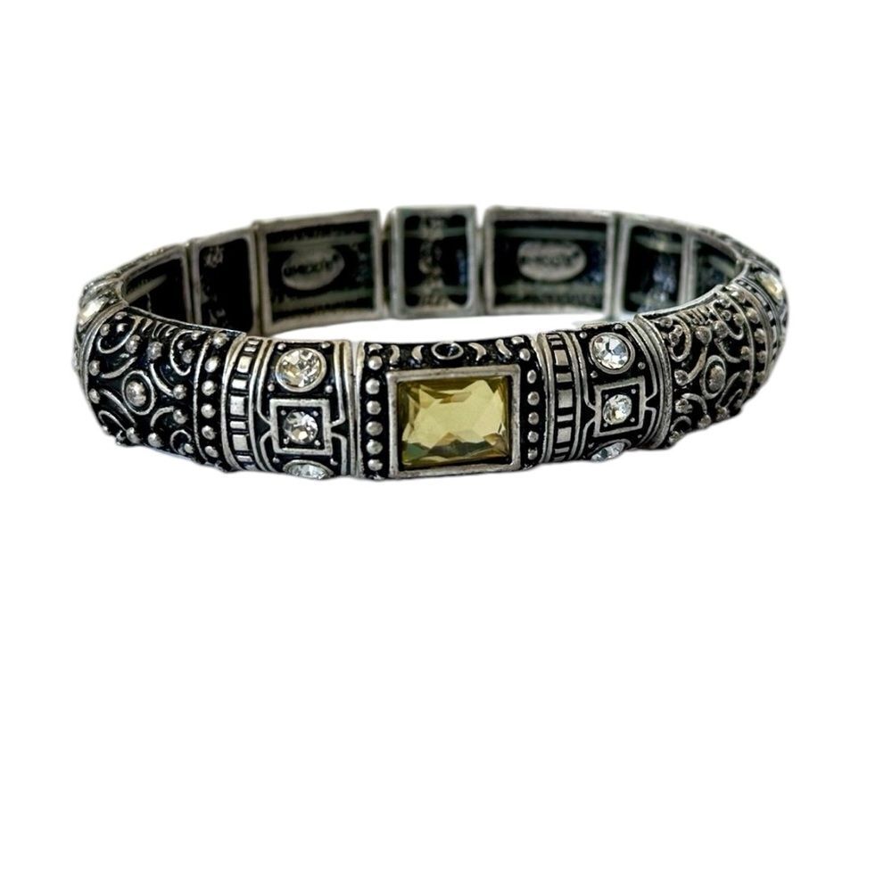 Chicos Stretch Bracelet Rhinestones Silver Tone Flourish Metal Ornate Textured